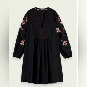 Scotch & Soda Embroidered Mini Dress Black with Floral Sleeves Size M